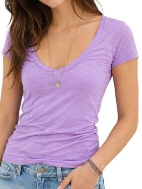 American Eagle V Neck T Shirt Women Large Purple Fitted Y2K